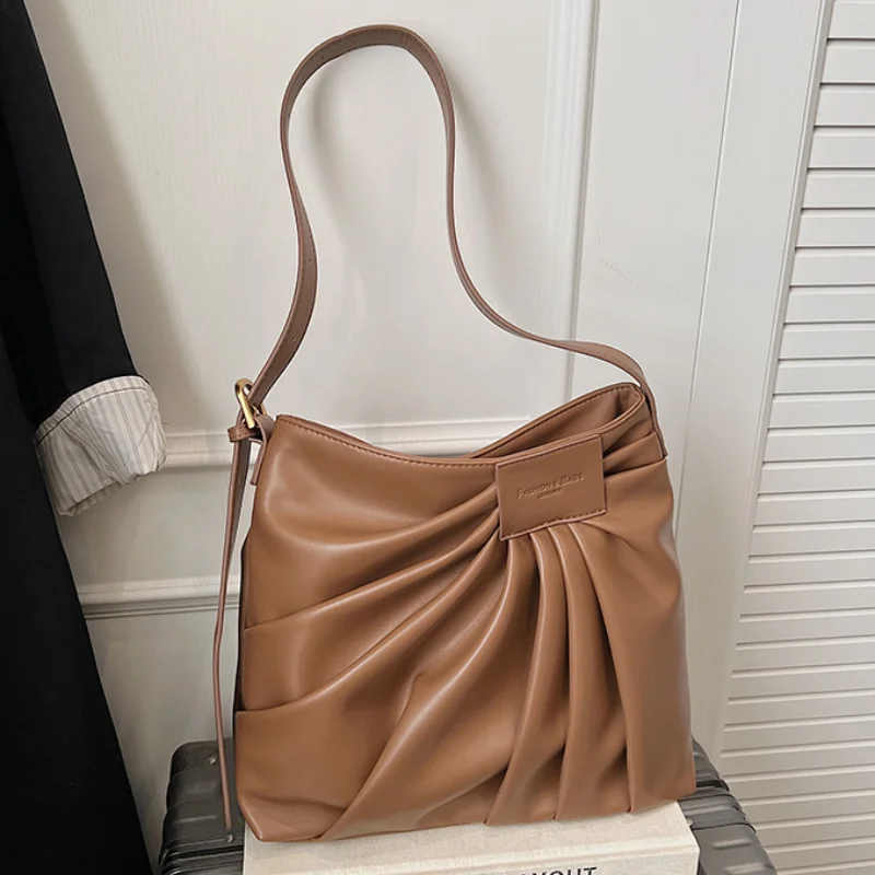 

Брендовая плиссированная сумка в стиле ретро, модная сумка на плечо, регулируемый плечевой ремень, горизонтальная сумка-ведро, мягкая кожаная сумка