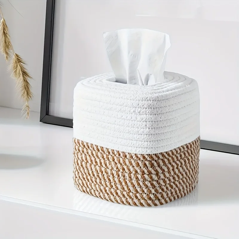 Minimalist Japanese-style Rope Woven Tissue Box,Desktop Organizer, Handmade Square Tissue Holder,Very Suitable for Home Decor