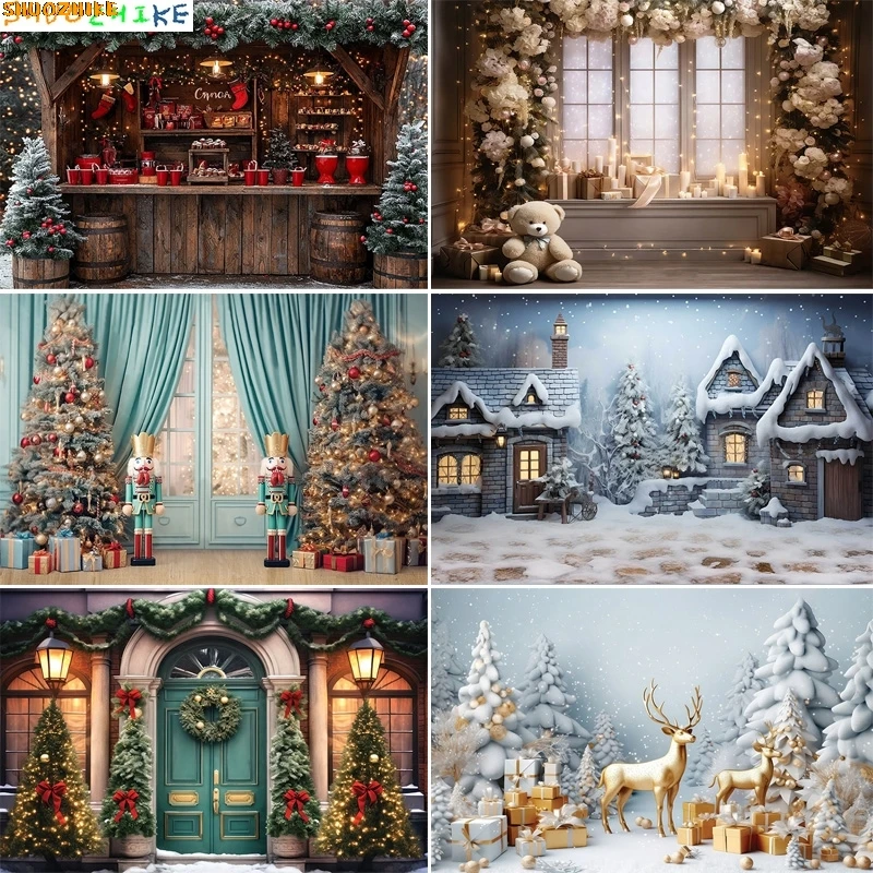 

Festive Christmas Room Fireplace Photography Backdrops Winter New Year Holidays Party Xmas Tree Window Photo Background BR-09