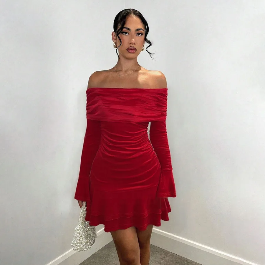 

【New style】Spring and summer new style velvet sexy one-collar tube top fashionable ruffled long-sleeved hip dress for women