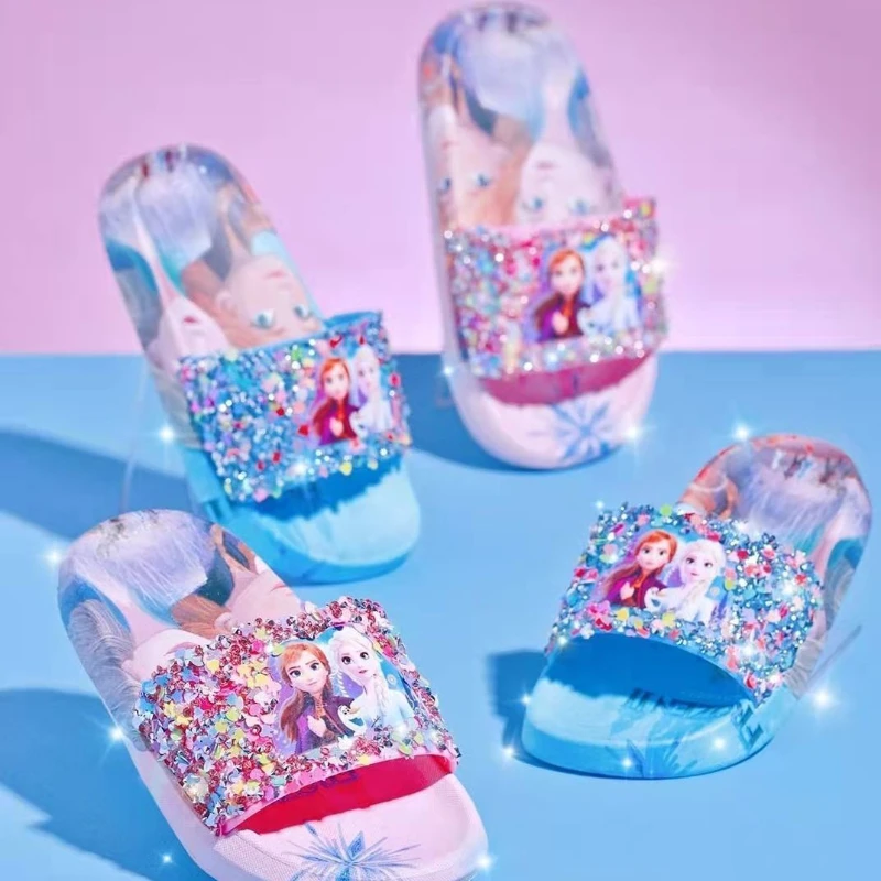 

Disney Bling Slippers Girls Bathrooms Cartoon Frozen Princess Elsa Sandals Summer Beach Children's Home Floor Shoes Kids Gifts