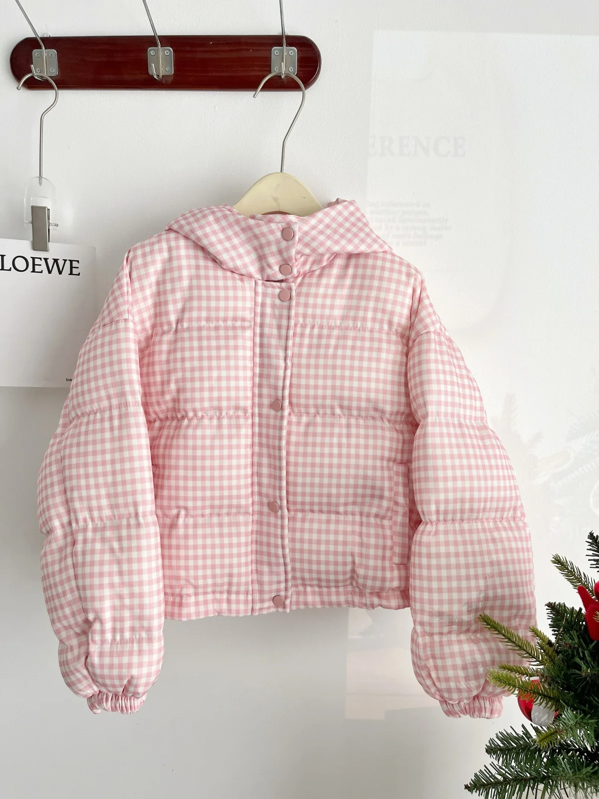 Manteau court en duvet de canard rose et blanc pour femme, joli manteau chaud à manches longues, à capuche, à carreaux, mignon, rembourré, vêtements d'extérieur, automne hiver