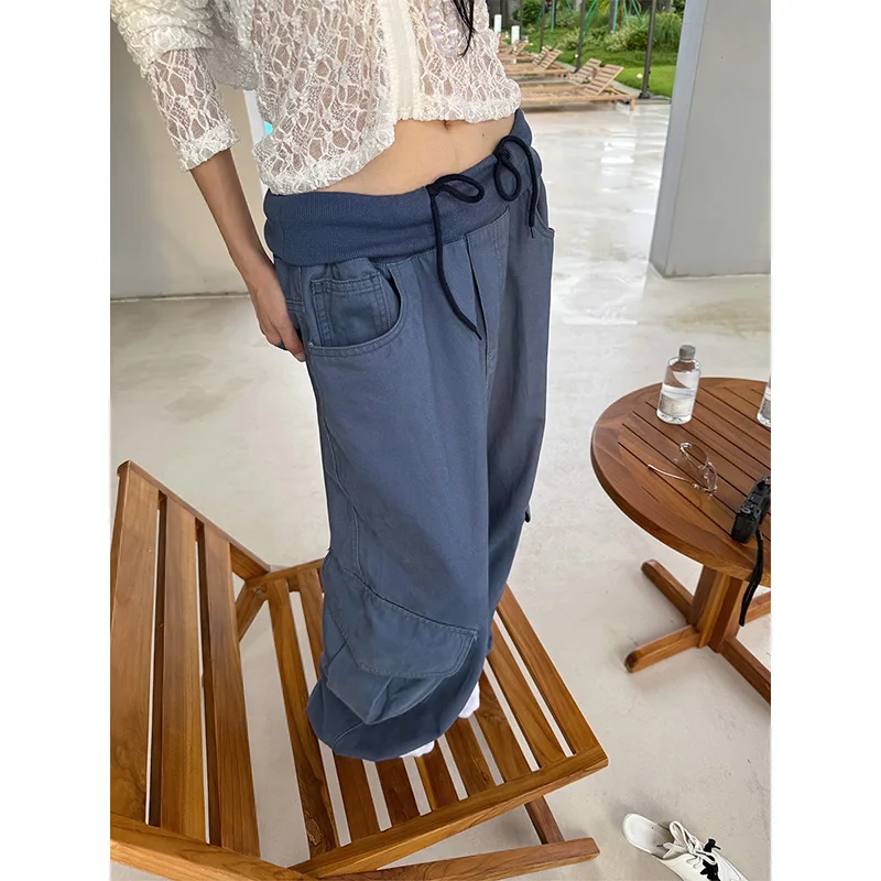 Benuynffy Drawstring Multi-pocket Cargo Pants Women 2026 Autumn New Y2k Streetwear Loose Elastic Waist Cuffs Wide Leg Trousers