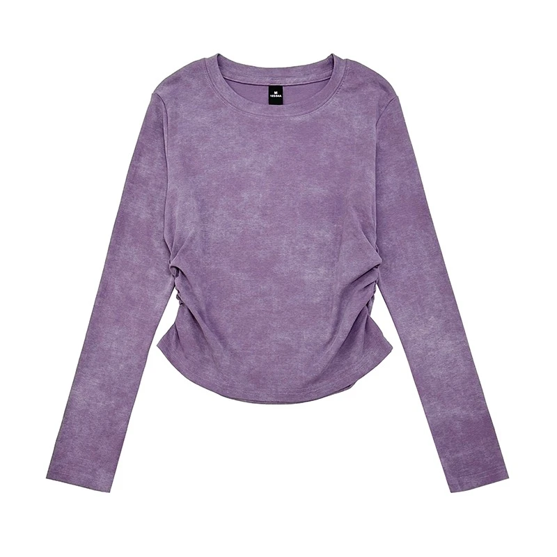 AOSSVIAO 2026 Otoño Invierno Camisetas para Mujer, Camiseta Morada de Cuello Redondo con Canalé, Tie Dye, Hombros con Costuras, Corte Ajustado, Manga Larga con Pliegues