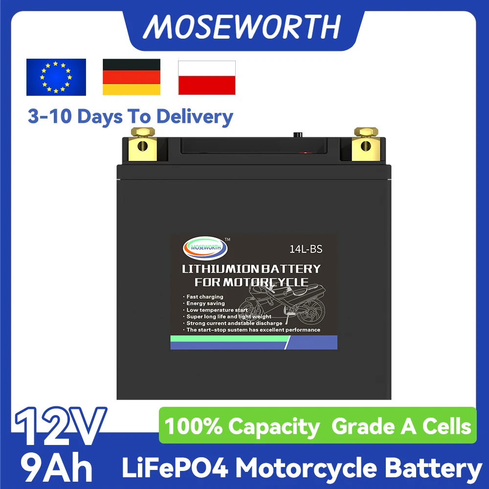 12V 9AH Motocycle LiFePO4 Battery 14L-BS 520A CCA Lithium Phosphate Ion with BMS Voltage Protection For BMW,Halley, Augusta,KTM