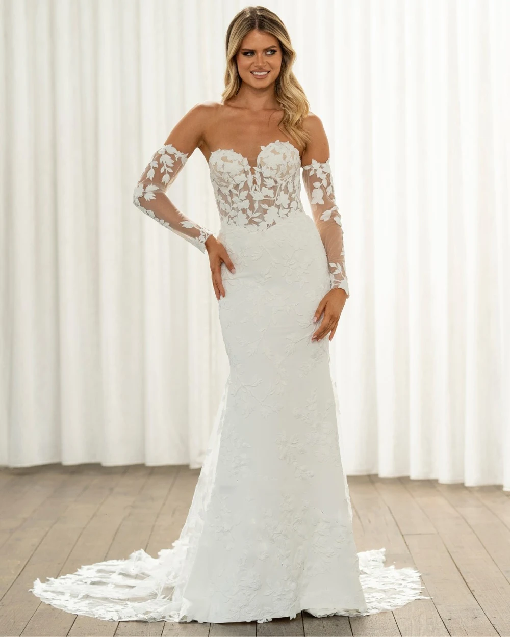 

Strapless Lace Wedding Dresses Mermaid Illusion Boho Appliques With Sleeves Bridal Gowns Elegant Vestido De Novia Customized
