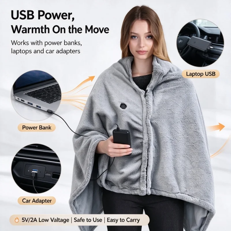 Wearable USB Heated Shawl Blanket | Zipper Design, 3 Temperature Settings, Portable Washable Warm Bag, Suitable for Home Use-150