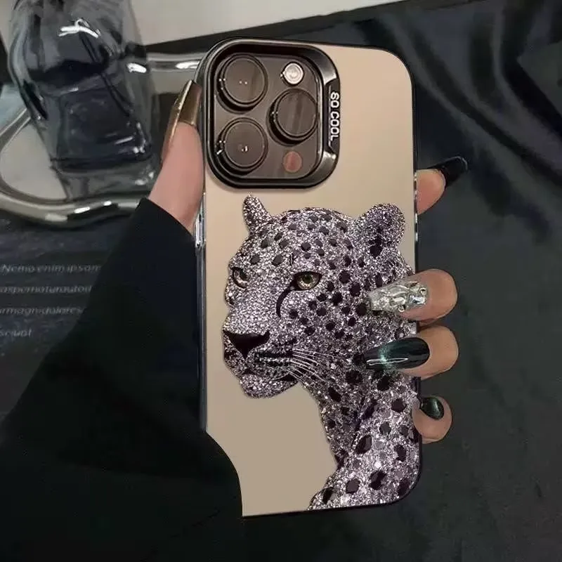 IMD Holographic Silver Phone Case For iPhone 18 17 16 15 14 13 12 Pro XS Max X XR Plus Mini Air Diamond Leopard Print Back Cover