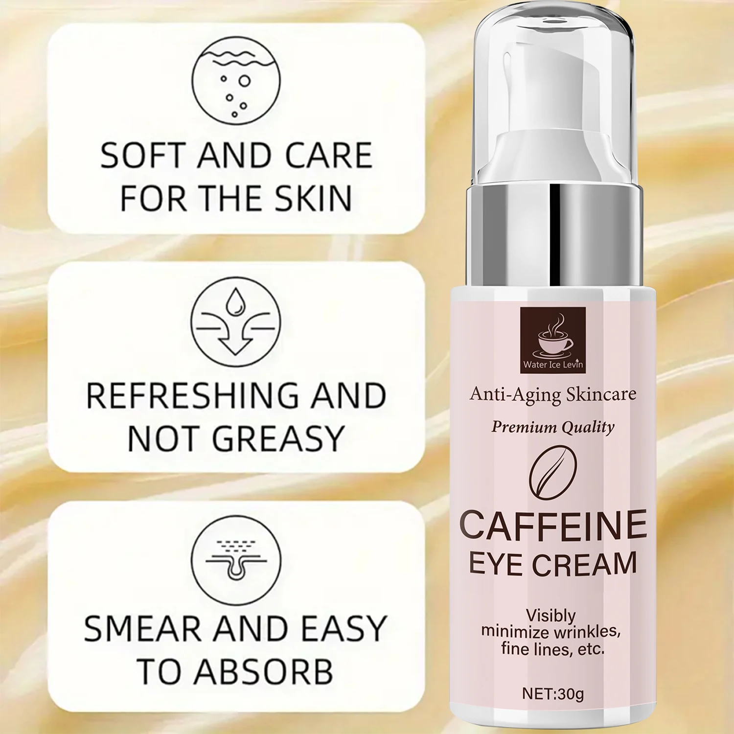 Premium anti-aging cafeïne oogcrème met niacinamide en hyaluronzuur voor rimpels en elastische huid.