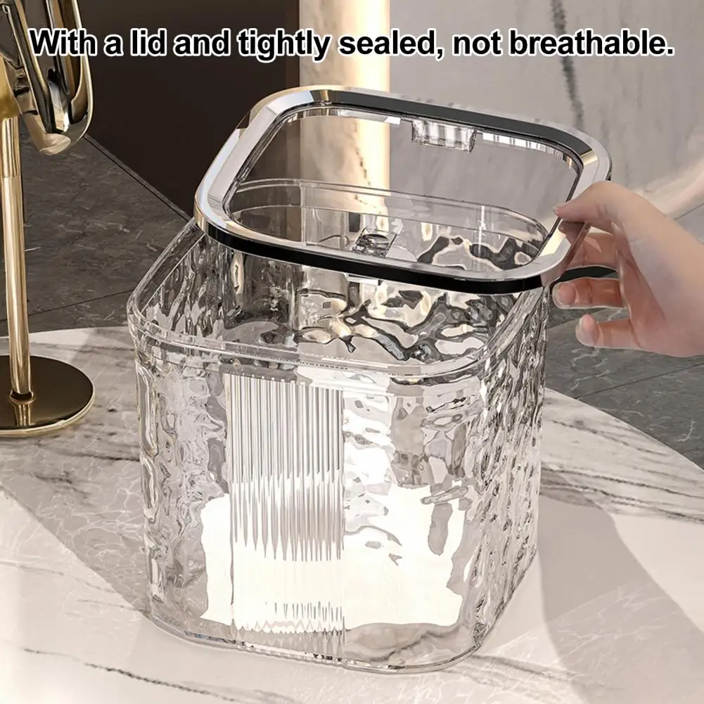 Desktop Trash Can with Pop-Up Lid, Transparent Glacier Texture Small Waste Bin, Compact Plastic Garbage Container for Bathroom O