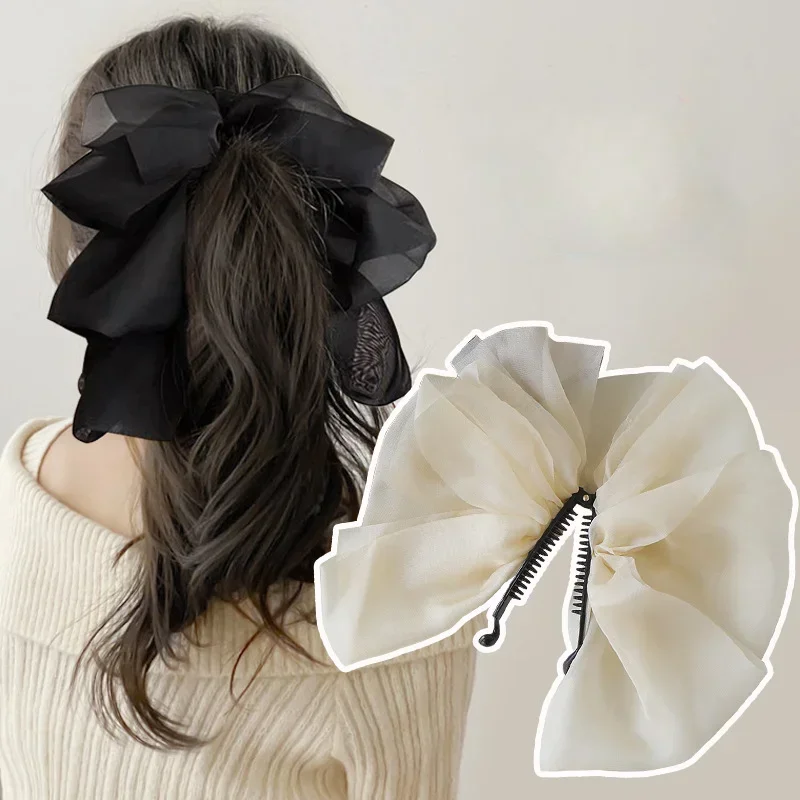 New Chiffon Bow Banana Clip High Ponytail Hair Grip Clip Female Vintage Vertical Clip Claw Top Clip Headdress Female