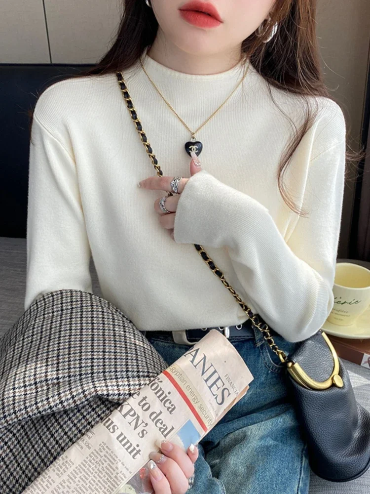 Sweter damski z golfem na wiosnę i jesień, modny, dopasowany, elastyczny, dzianinowy pulower damski, koreański, z długim rękawem, prosty top bazowy.