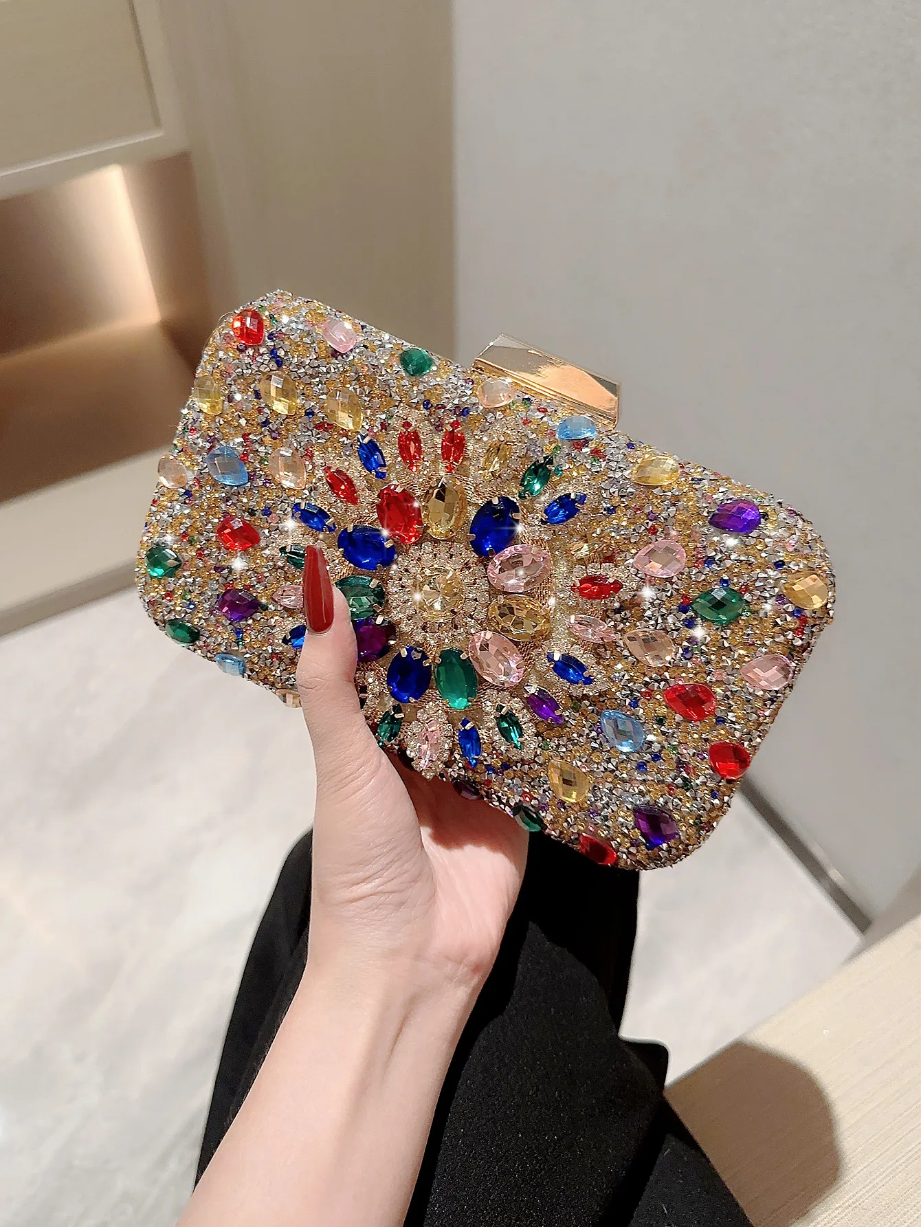 Popular evening bag, shiny rhinestone diamond clutch bag, dress bag, evening bag, chain bag, classy square box bag for women