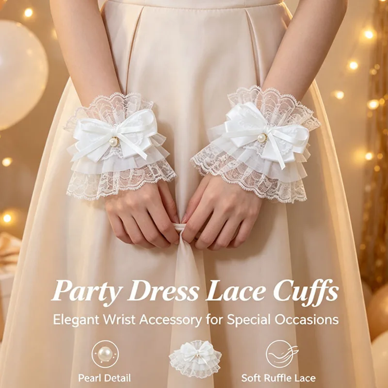 1-10Pairs Detachable Lace Bow Wrist Cuff Pearl Trim Flared Sleeve Ornament Lolita Costume Party Cosplay Accessory