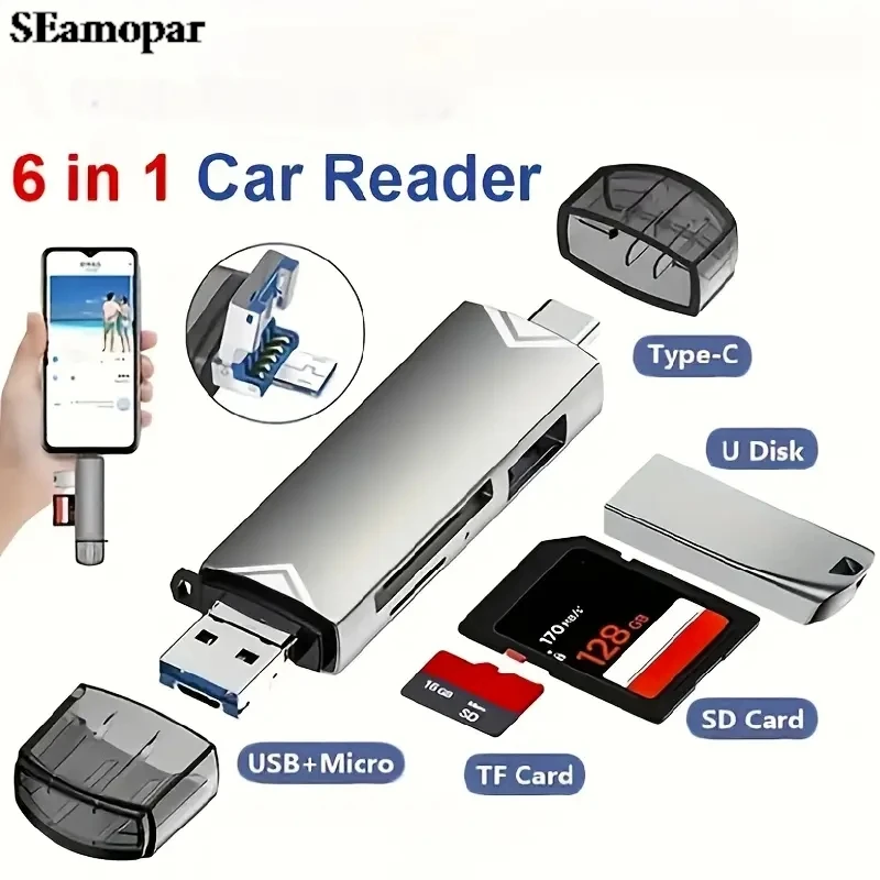 6-in-1 Type-C USB Card Reader For Mobile Phone And Computers USB Micro Type C Plug And Play, Supports OTG Feature Phone U Disk