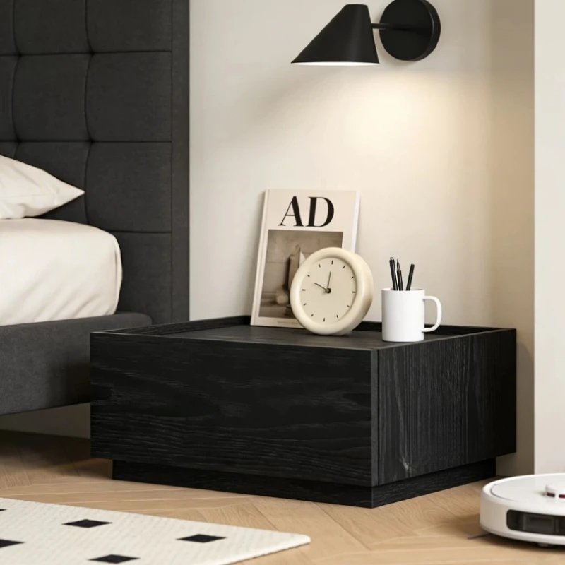 Modern Solid Wood Nightstand Single Layer Block Style Floor Cabinet Simple Storage Organizer for Bedroom Bedside Home Furniture