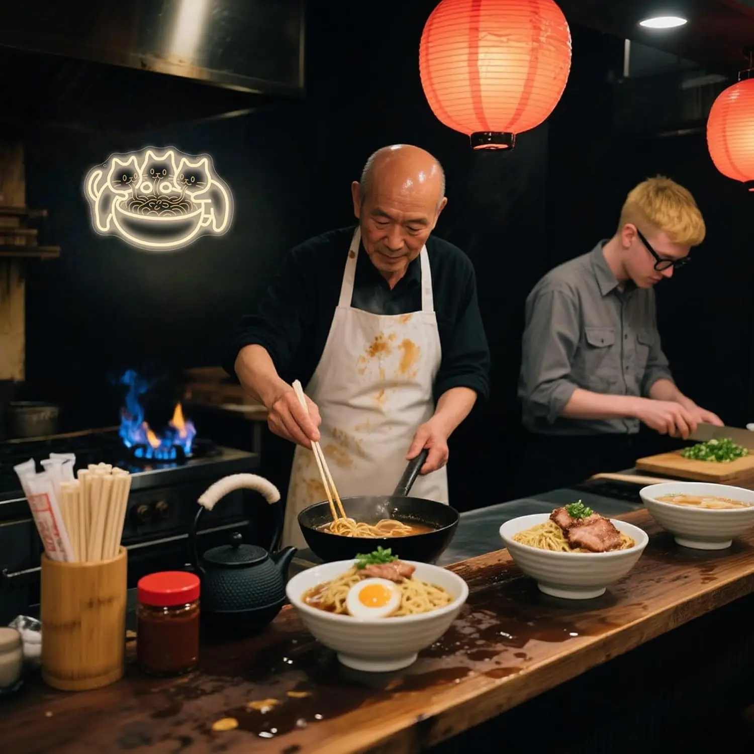 رامين القط النيون تسجيل عكس الضوء القط المعكرونة علامات مضيئة جدار ديكور لمطعم قاعة الطعام المطبخ المنزل بار رجل الكهف للحزب Cl