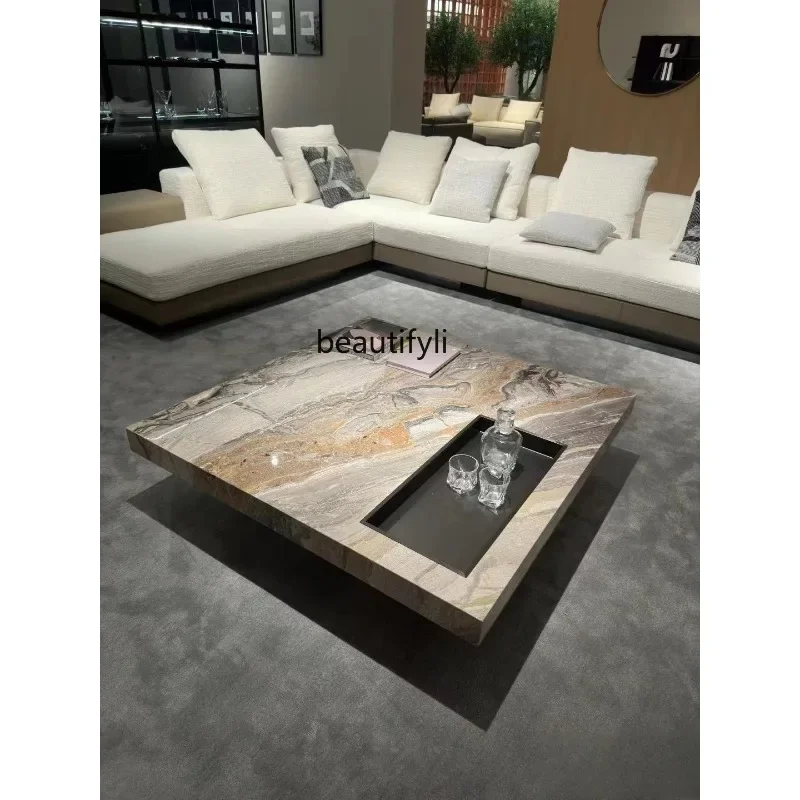 

Venetian brown Italian minimalist square suspended coffee table living room light luxury high-end coffee table3286