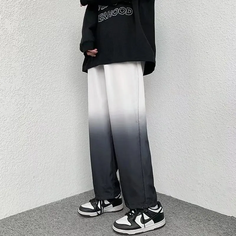 Summer Men's Ice Silk Wide-leg Pants Loose Casual Couple Sports Pants Fashion Gradient Beam Pants Black Blue