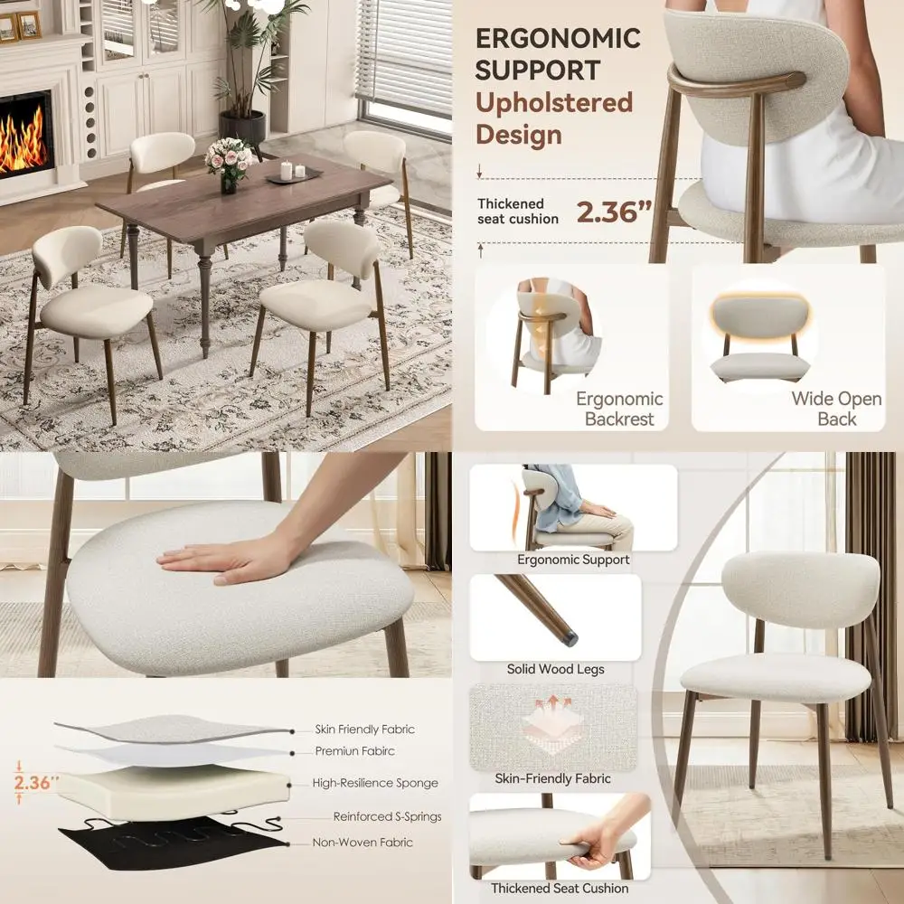 

Пара бежевых обеденных стульев с изогнутой спинкой, обитых тканью, с металлическими ножками и противоскользящими накладками для дома и ресторанов