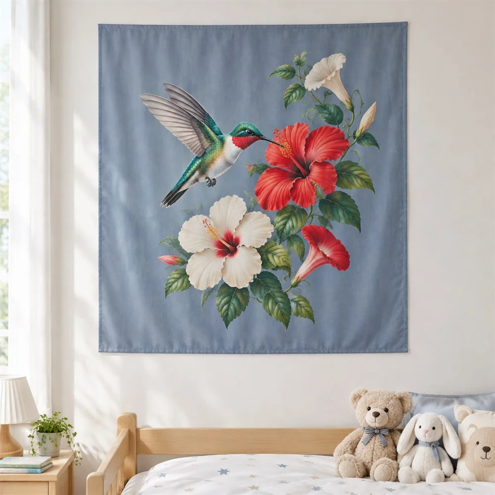 VIKAMA Hummingbird Tropical Flower Tapestry Wall Hanging, HD Print Wall Art, Garden Decor for Living Room Bedroom Kitchen
