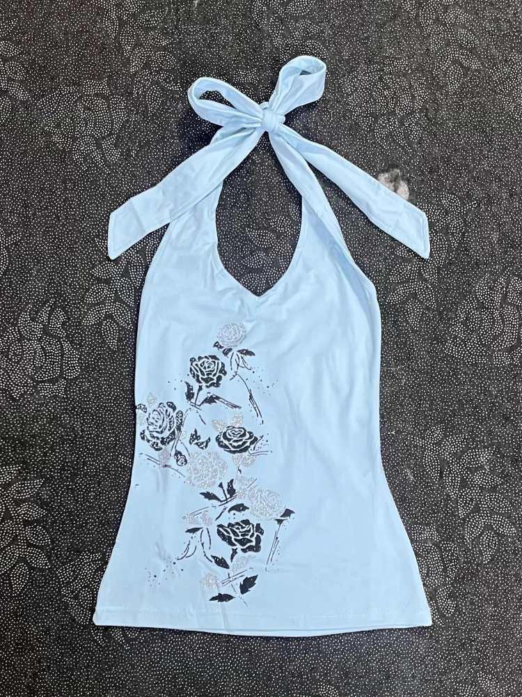 

New Design Harajuku Retro Women's Crop Tops Y2k Print Patchwork Halterneck Tops Fashion Female Vintage Chic Outfits Summer 2025