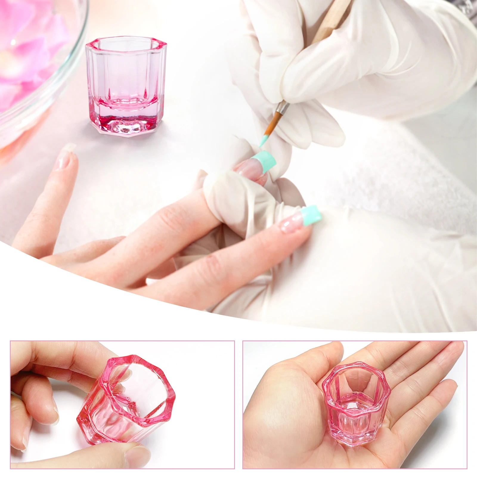 ถ้วยแก้วคริสตัลสำหรับใส่ผงอะคริลิค 8 ชิ้น สีชมพูใส สำหรับใส่ผงทำเล็บ อุปกรณ์ทำเล็บ DIY