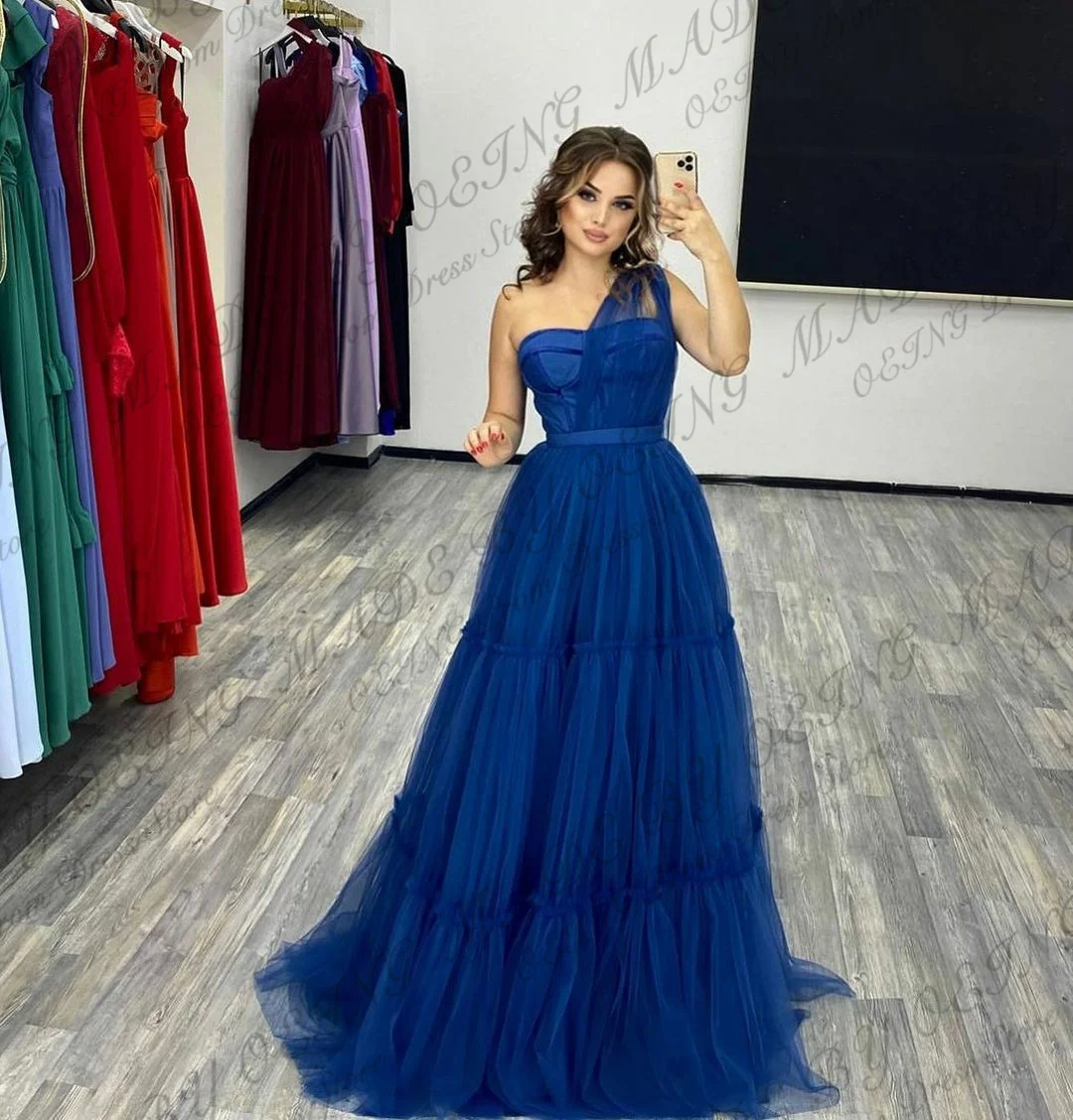 OEING Elegant Royal Blue Simple Sweetheart Strapless One Shoulder Tulle Tiered Prom Dress Evening Dresses Formal Occasion Gowns