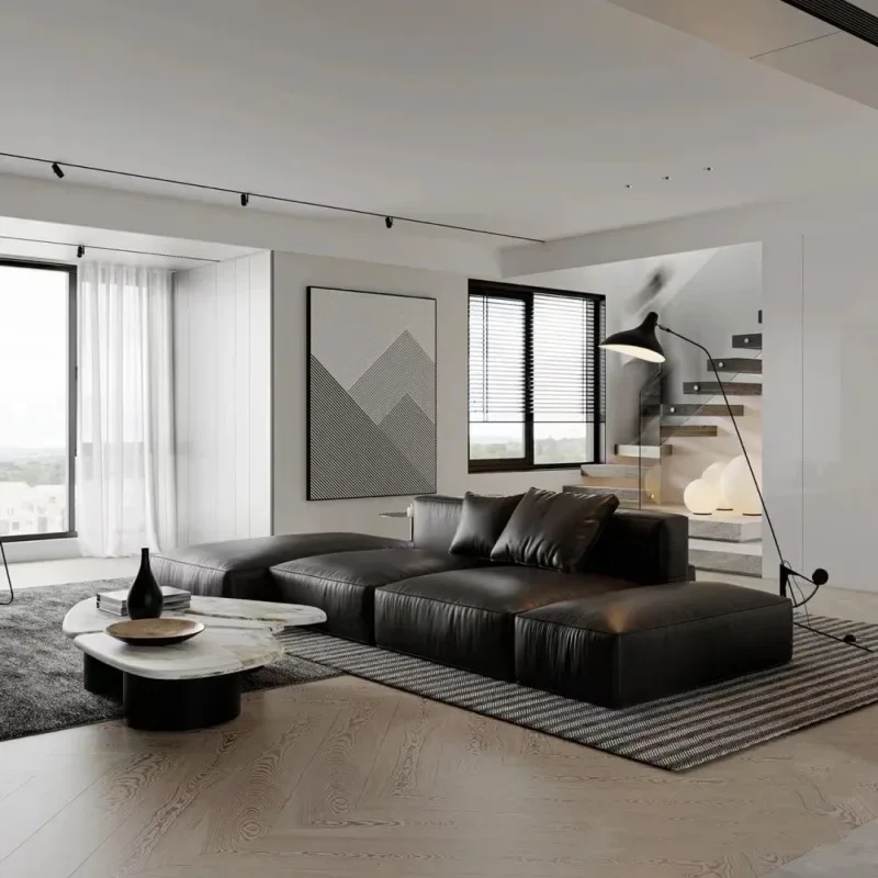 

Black microfiber leather sofa, large living room square sofa pedal concubine seat combination