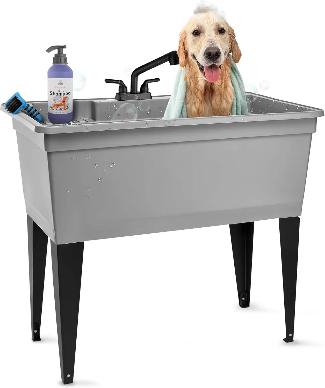 Tehila Freestanding Double-Wide Utility Sink with Steel Legs & Black Pull-Out Faucet, Multi-Purpose Heavy-Duty Laundry Tub