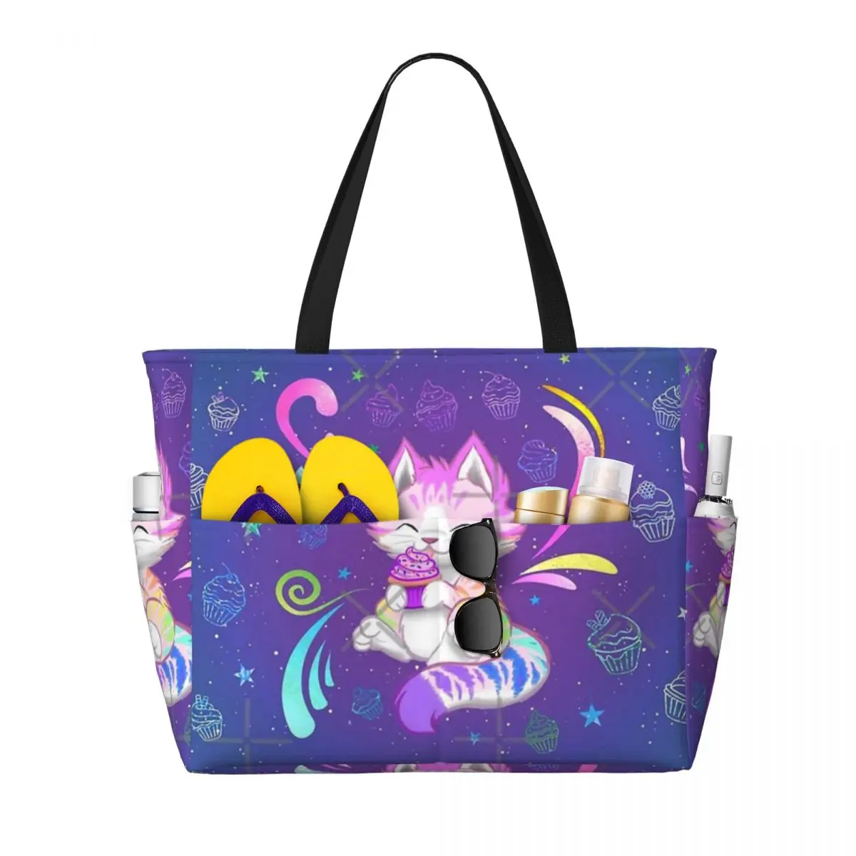 Bolso de viaje de playa de gatito arcoíris con cupcakes, bolso de mano Retro para adultos, bolso de hombro con patrón de múltiples estilos