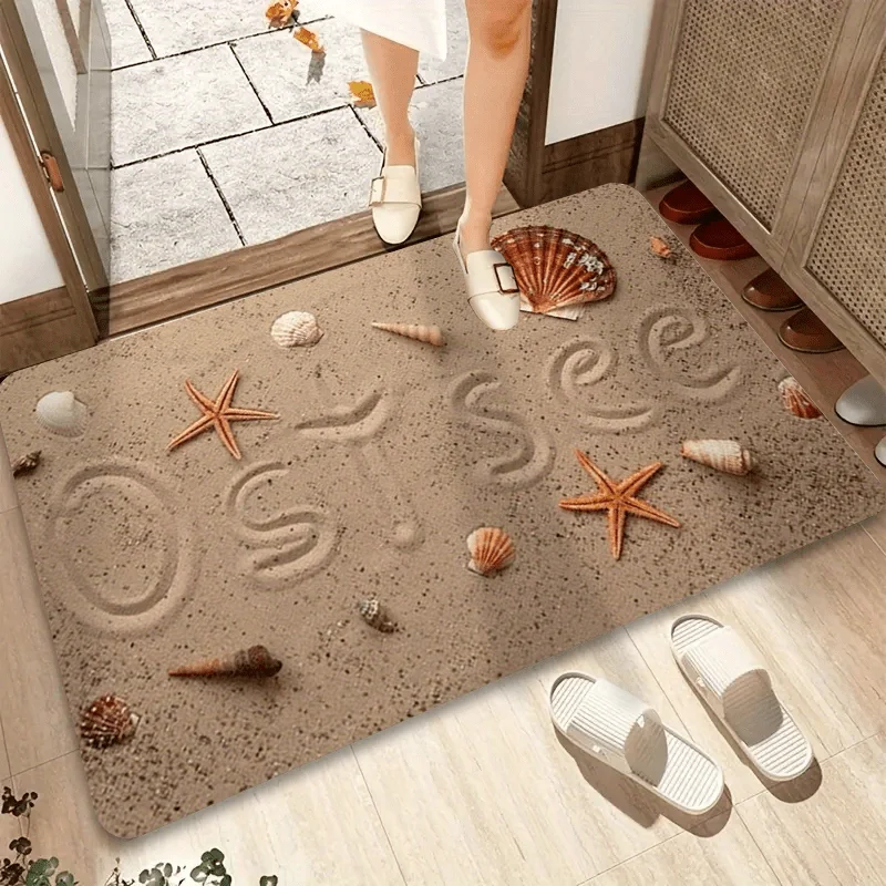 Beach Theme Ostsee Door Mat, Sandy Seashell Starfish Entrance Floor Rug, Coastal Summer Entryway Carpet