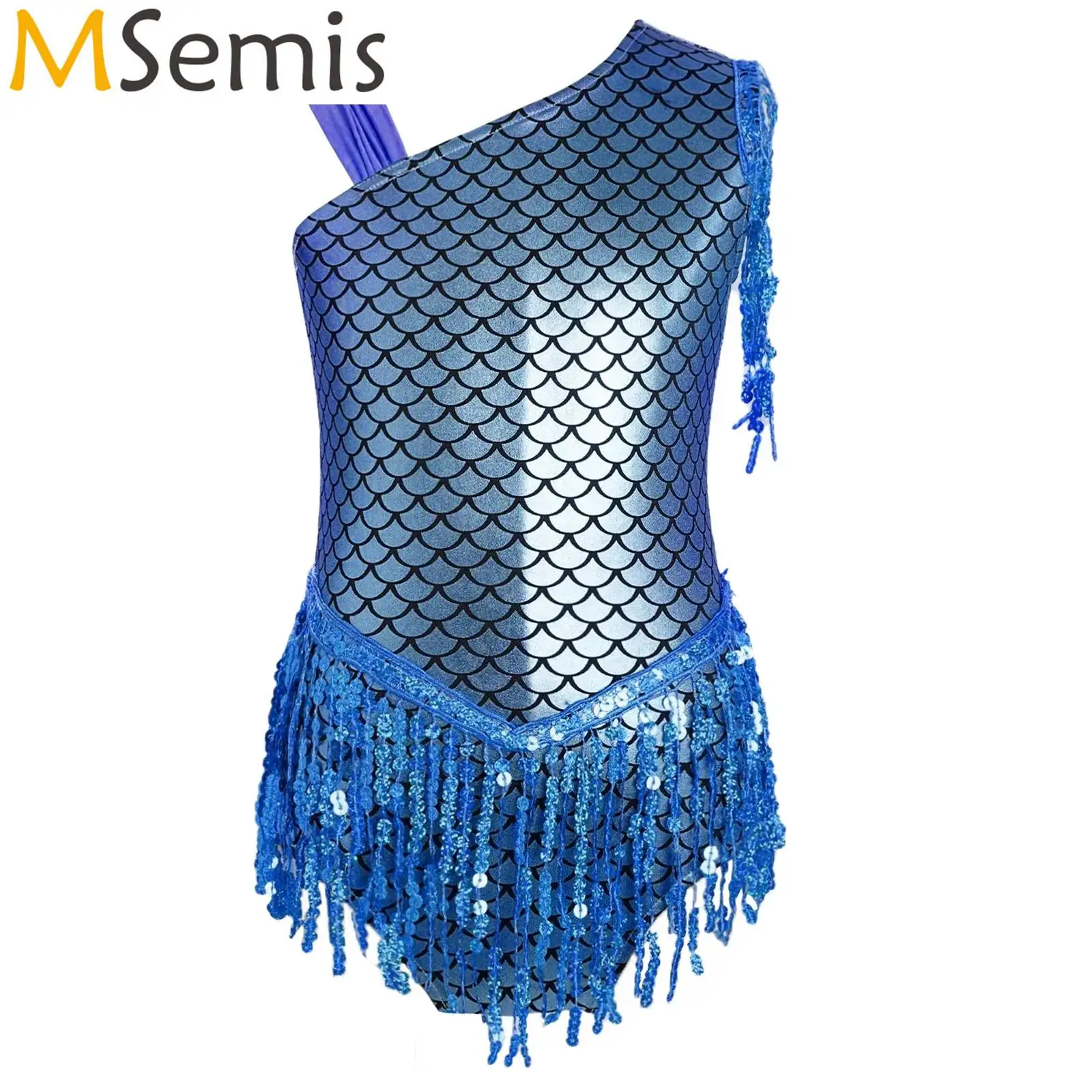 

Kids Girls Rhythmic Gymnastics Leotards Ballet Jersey Costume Bowknot Back Metallic Fish Scale Sparkly Sequins Tassels Bodysuit