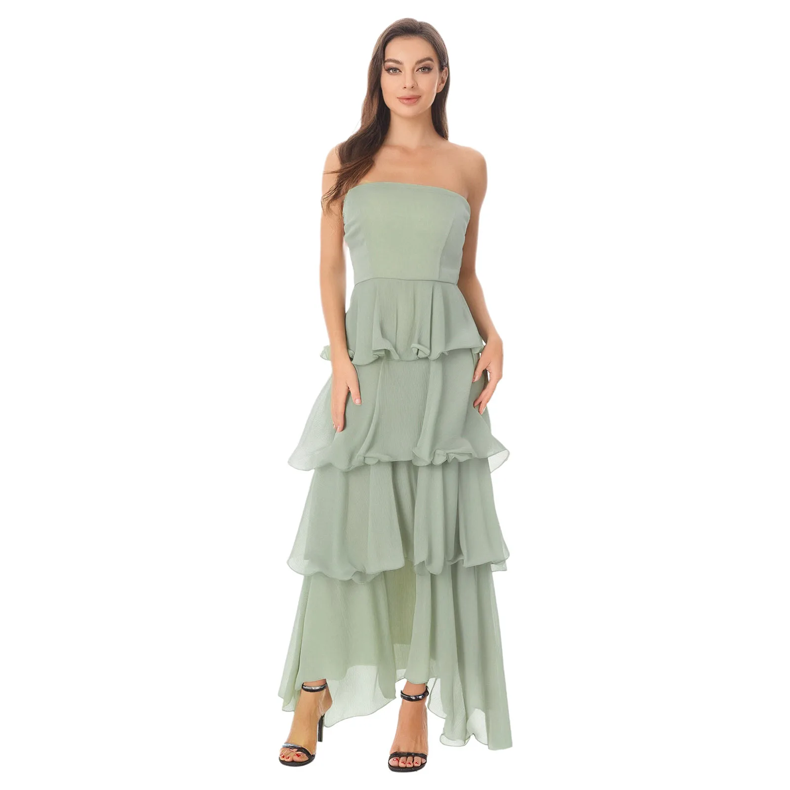

Women Elegant Solid Color Strapless Sleeveless Backless High Waist Cake Dress Goddess Luxury Dress for Party Banquet Pageant