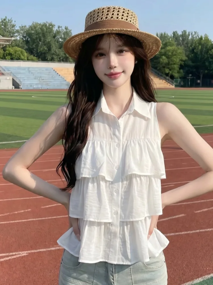 French Style Sweet Flavor Short Sleeveless Vest Women's Summer New Layered Sense Shoulder Bared Flip Collar Top Citywalk