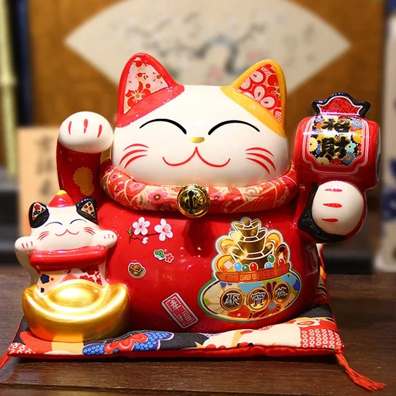 8 Inch Ceramic Maneki Neko Coin Bank Red Lucky Fortune Cat Daruma Money Box Home Decorative Ornament