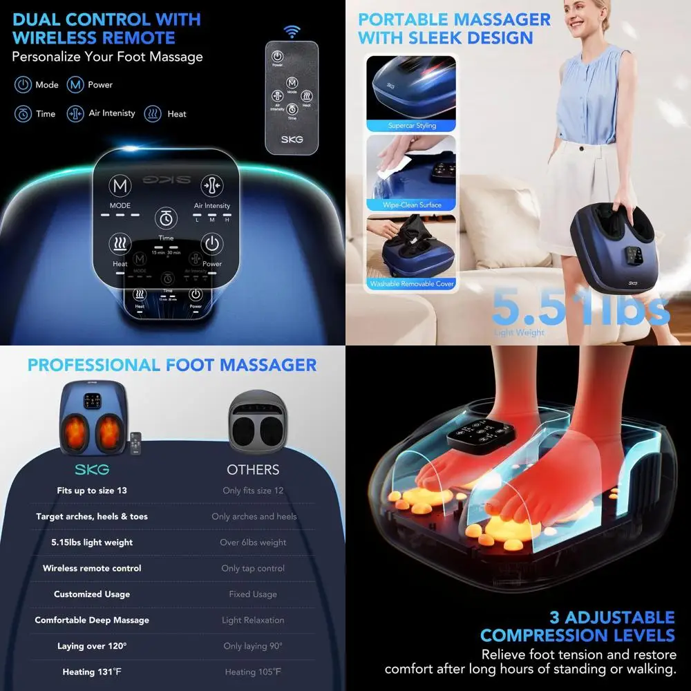 

Heated Electric Foot Massager with Remote, 3-Level Compression for Plantar Fasciitis and Neuropathy Relief, Fits Up to Size 13