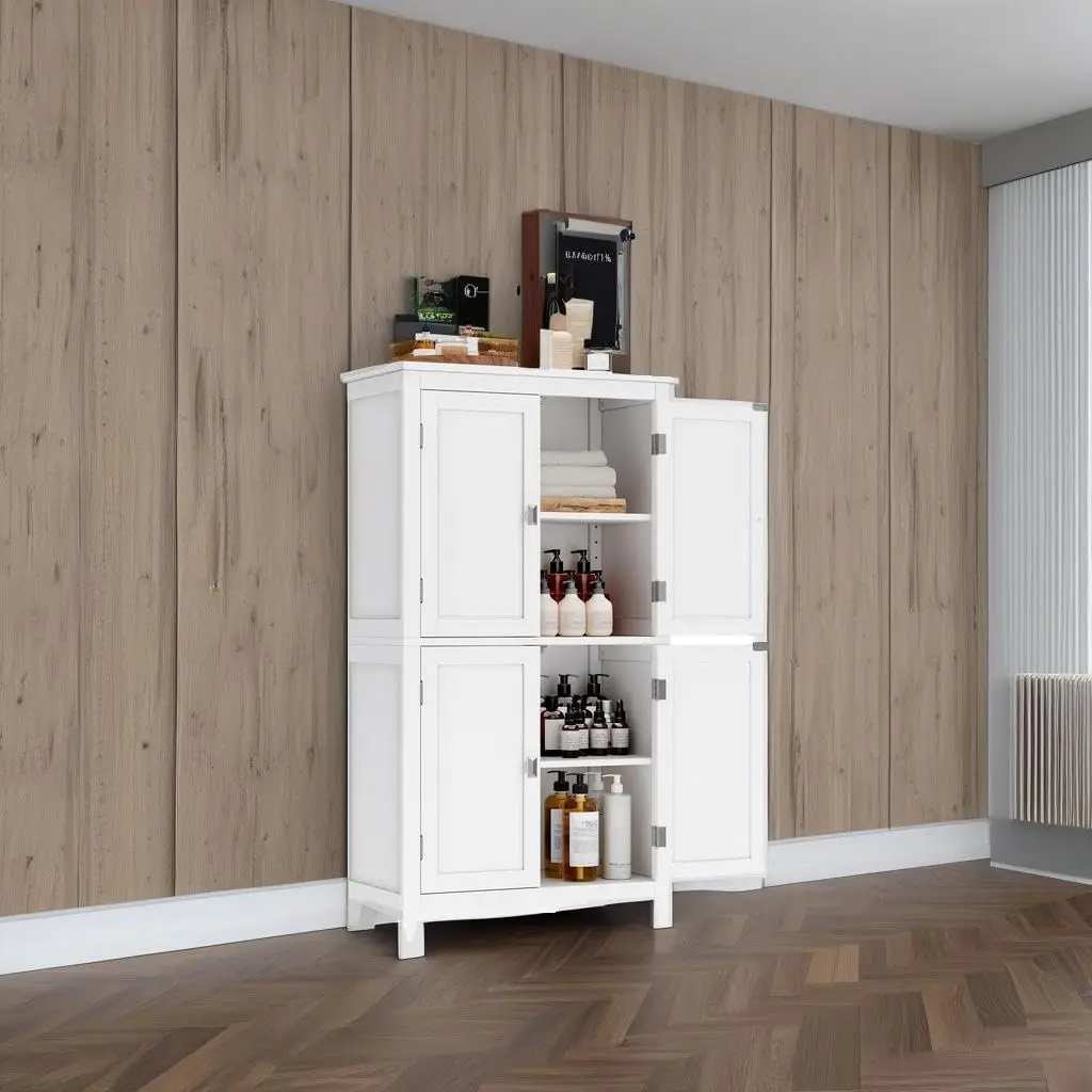 Bathroom Floor Storage Cabinet, Bathroom Storage Unit, Freestanding Cabinet with 4 Doors, Adjustable Shelves, 11.8 x 23. image 6