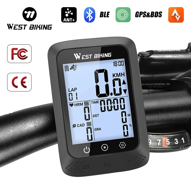 WEST BIKING GPS Bike Computer ANT+ Bluetooth Wireless Speedometer IPX7 Waterproof LCD Digital Smart Odometer Heart Rate Monitior