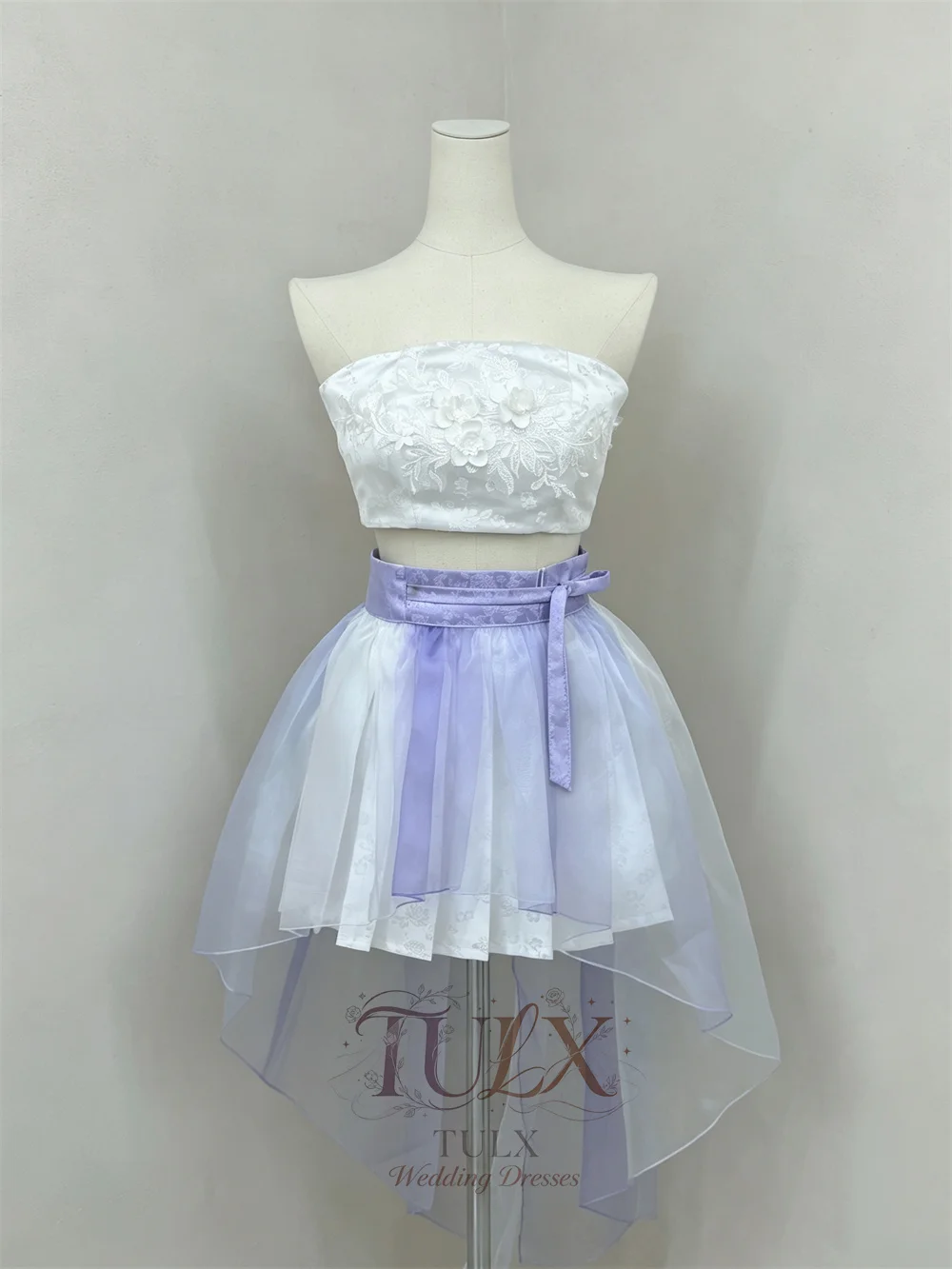 TULX White Strapless Satin Lace Appliques Party Dress 2pcs Concert Hanbok Short Korean Organza High Low Evening Dress Customized