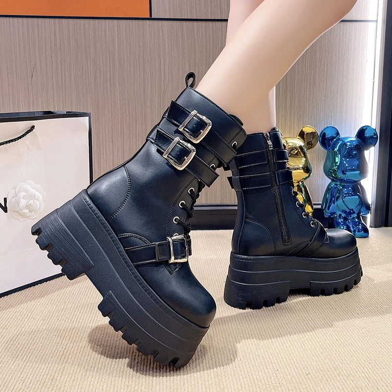 9.5CMHigh Platform Gothic Boots Buckle Autumn Winter Leather Shoes Punk Street Cosplay Mid-calf Boots Motorcycle Chain Botas