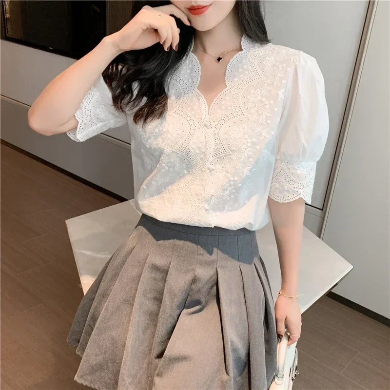 Fashion Embroidery Women Blouse White Linen Cotton Short Sleeve Top Elegant Loose Shirts Summer Hollow Out Clothing