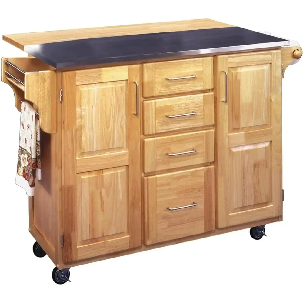 Wooden Trolleys Wheels Kitchen Cart With Breakfast Bar & Stainless Steel Top Tool Trolley Storage Microwave Oven Shelf Hand