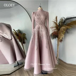 OLOEY Modest Muslim Dubai Arabic Women Evening Dress Customized Dusty Pink High Neck Long Sleeves Sequin Lace Formal Prom Gowns