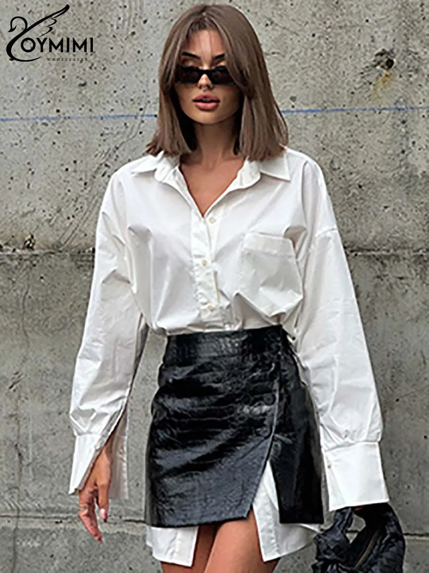 Oymimi Fashion White Two Piece Set For Women Elegant Long Sleeve Pockets Button Shirts And High Waist Leather Mini Skirts Sets