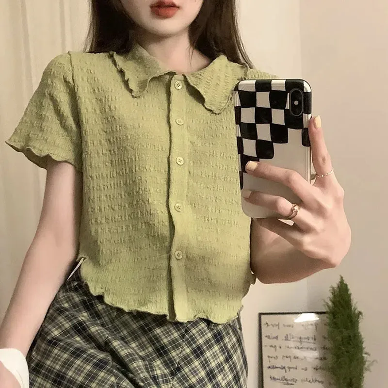 Zoki Folds Cropped Women Shirts Retro Ruffles Casual Solid Preppy Short Sleeve Tops Summer Single Breasted Chic All Match Blouse