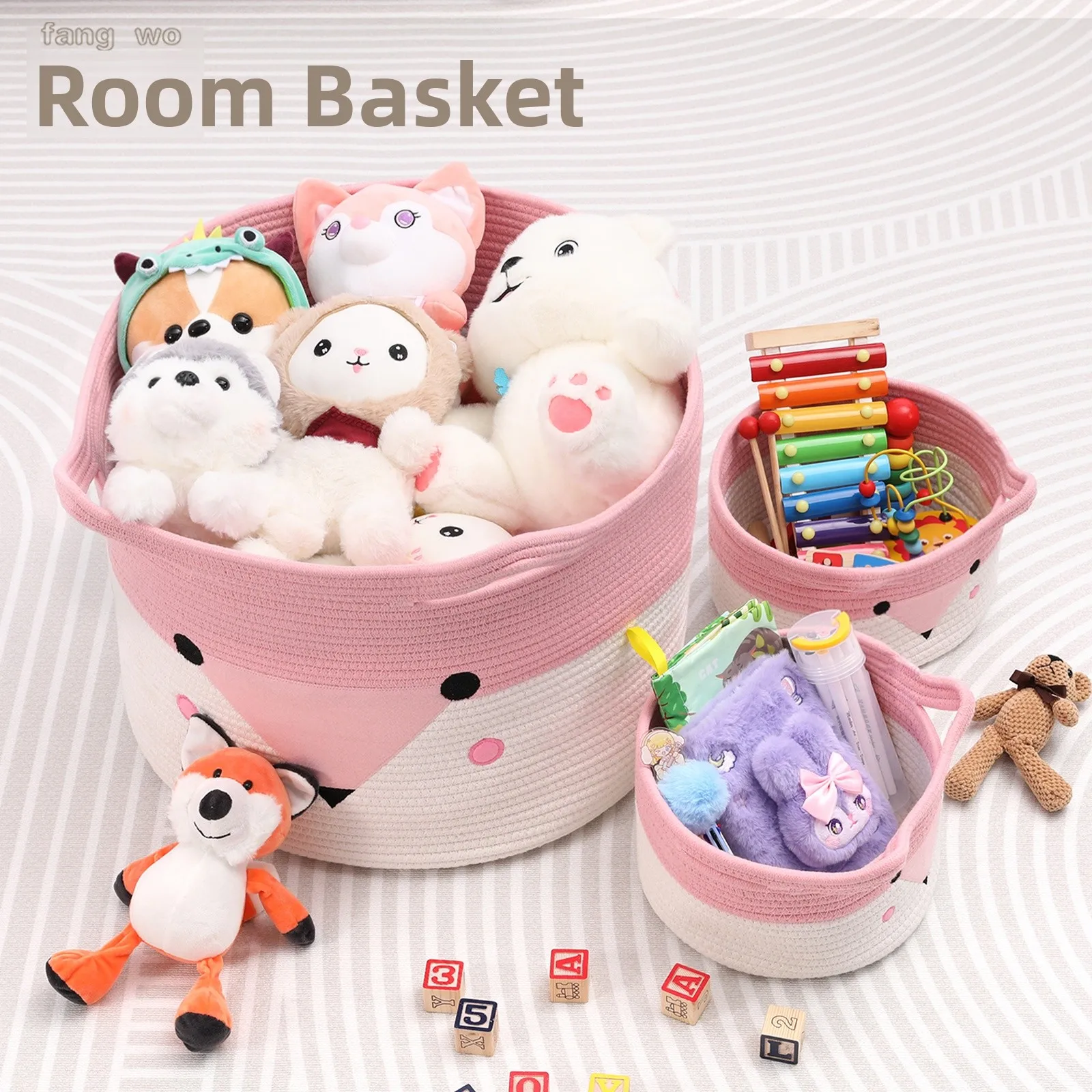 

Большой размер, плетеная хлопковая веревка, корзина для хранения, органайзер для домашней одежды, корзина для игрушек, корзина для хранения из нетканого материала с мультяшным принтом