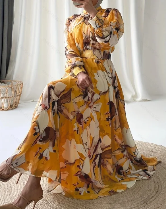 Nova chegada modesto vestido feminino impressão floral amarelo fino ajuste chiffon gola vintage moda cintura natural abaya