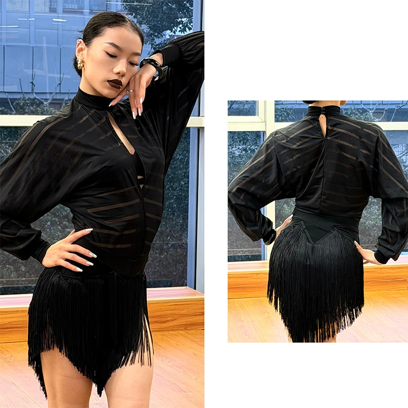 

Striped Latin Dance Tops Fringed Skirt Women Cha Cha Samba Rumba Dance Practice Clothing Long Sleeves Adult Dance Wear DNV26596