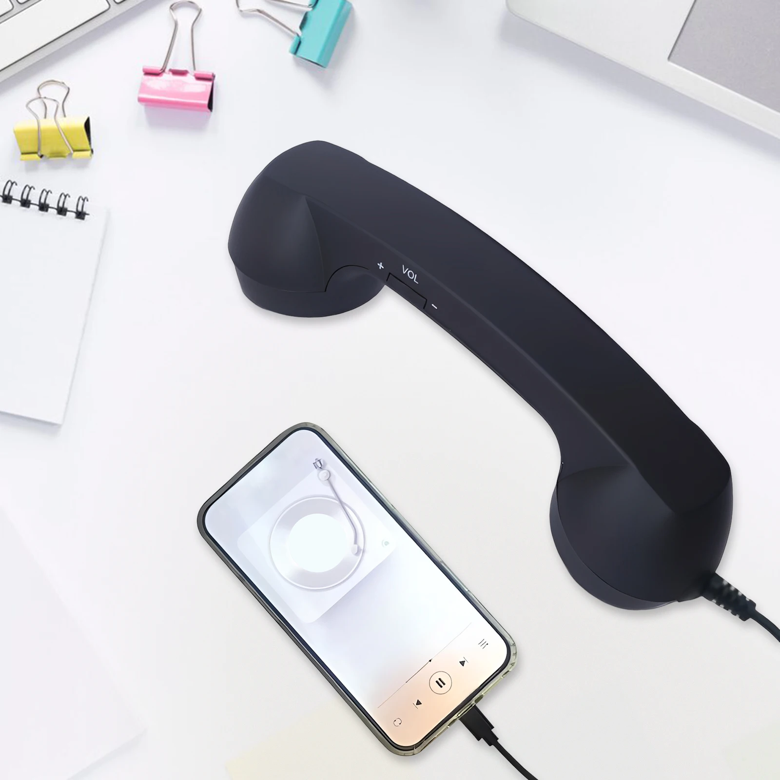 Wired Retro Phone Handset with Volume Control Type-C Vintage Telephone Receiver for Mobile Video Conferences Calls Meetings